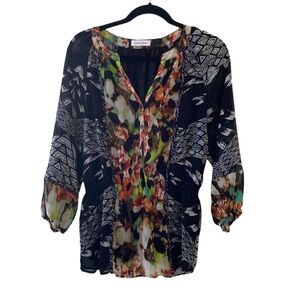 Calvin Klein Black Multicolor Printed Long Sleeves V-Neck Elastic Waist Sz Small
